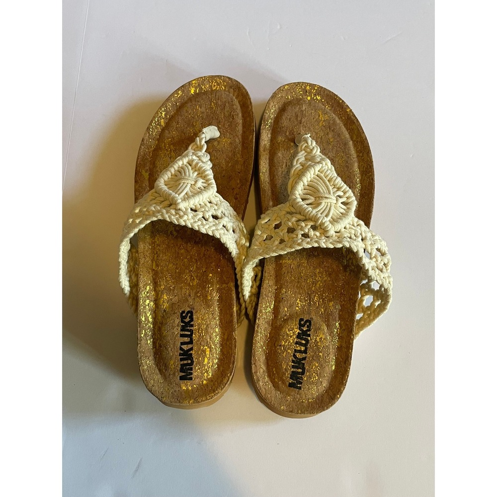 Muk Luks Macrame Crochet Sandals Gold Fleck Cork Footbed Cream Thong Slides 8
